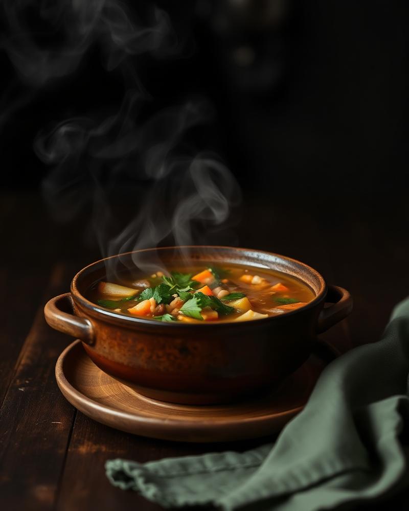 Steaming bowl of vegetable soup on a wooden table