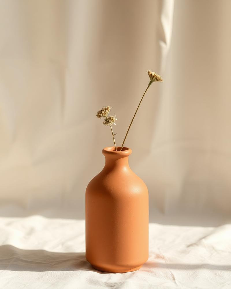 Terracotta vase with dried wildflowers on linen